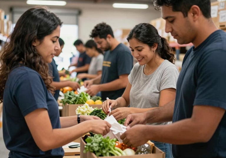 Volunteers handing out food boxes to smiling migrant families outdoors.