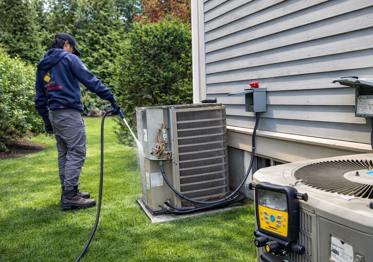 John A. is cleaning condenser coil during cooling maintenance.