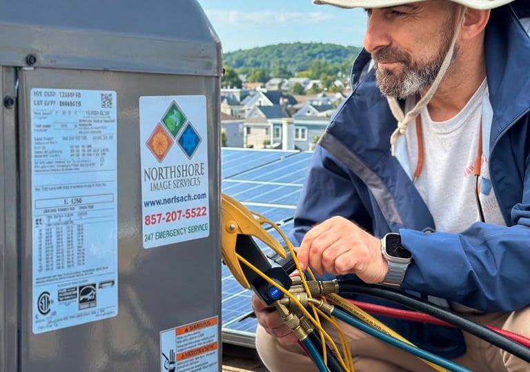 Lewis E. Performing a AC diagnostic by checking refrigerant levels on a York condenser.