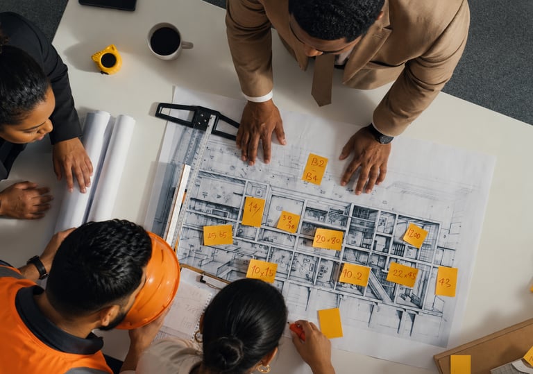 Construction team reviewing architectural blueprints with sticky notes during a planning meeting