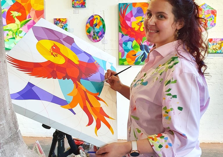 UK Artist Tanja Hassel painting live at exhibition