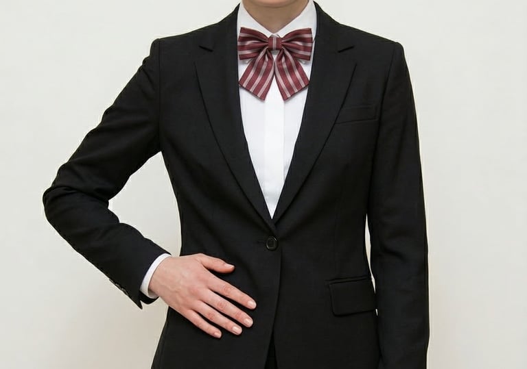 Mujer profesional con un blazer negro a medida y un uniforme con lazo moño de rayas rojas.