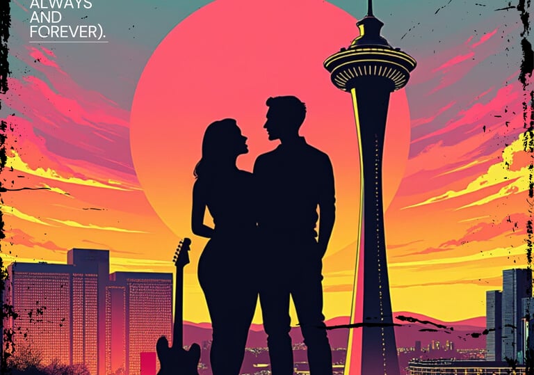 a couple standing in front of a sunset