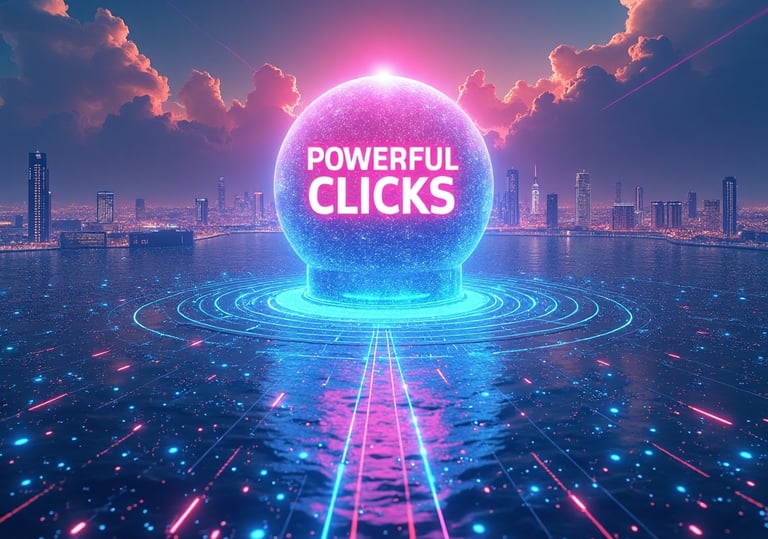 a futuristic looking image with text "powerful clicks"