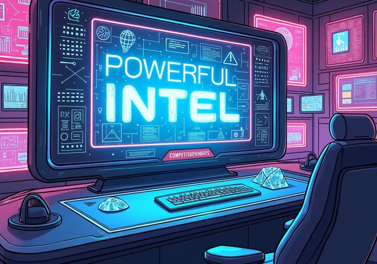 a computer monitor with the display "powerful intel"