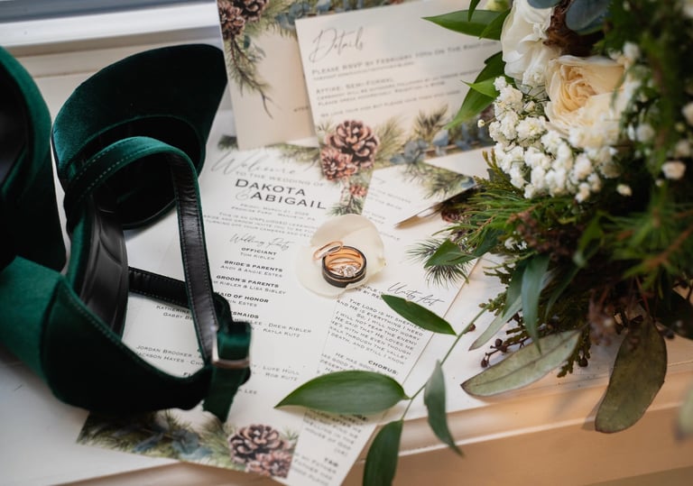 Emerald green velvet wedding heels with rings, floral bouquet, and invitation suite.