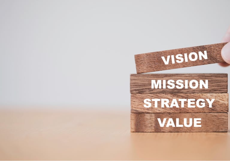 a person placing a block of wood blocks with the words vision mission mission mission mission