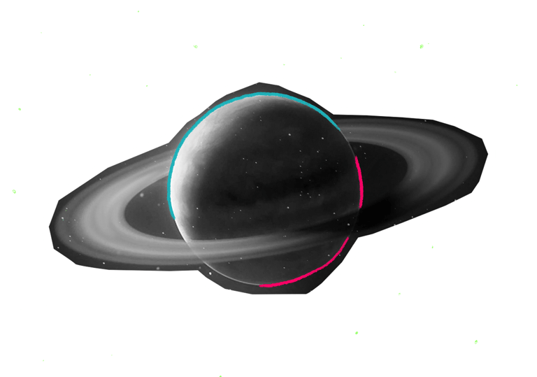Imagem preta e branca de Saturno com linhas coloridas em volta do planeta
