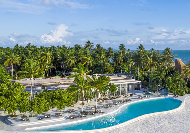 a large pool with a swimming pool and a view of the ocean, St Regis Maldives