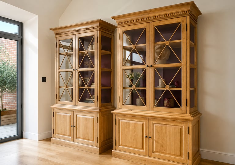 Classic oak storage cabinets with display shelving and built-in storage