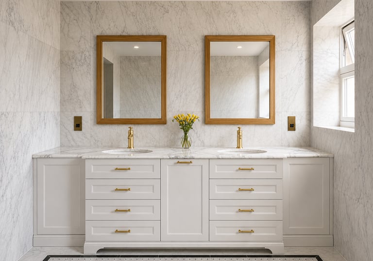 Bespoke bathroom vanity storage with double sink and custom cabinetry