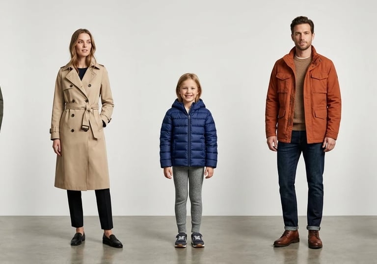 High-end fashion studio image of European models presenting modern outerwear and casual apparel collections