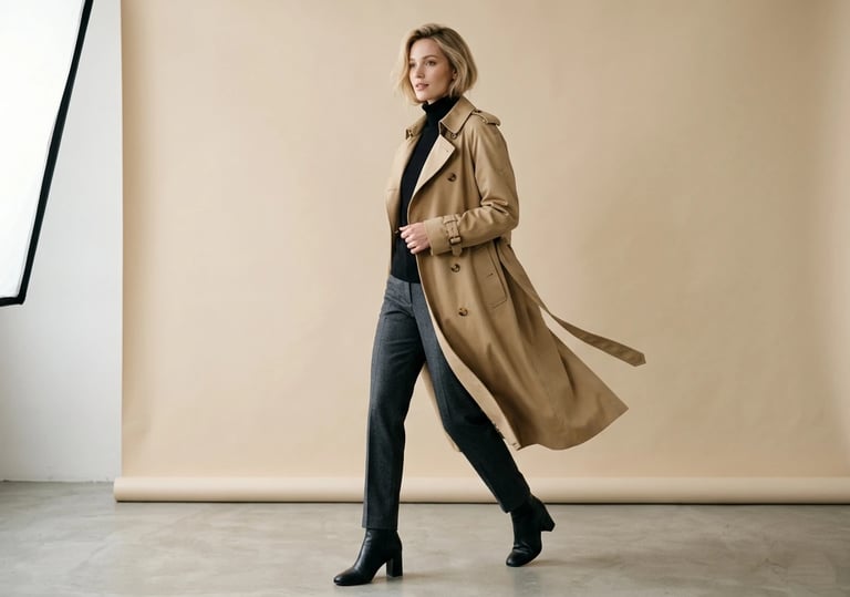 European female model wearing long trench coat