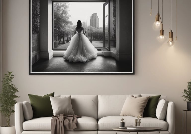 quinceanera in a white dress is standing in front of a large picture frame