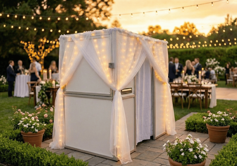 a photo booth at a outdoor wedding