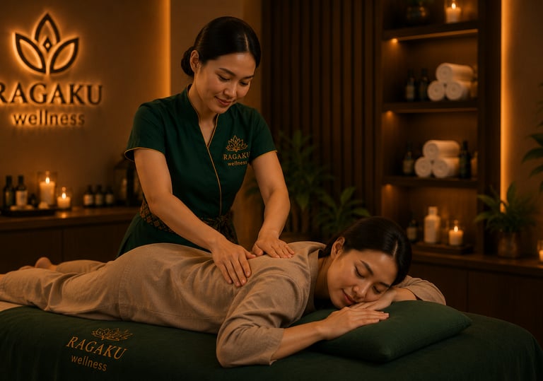 Professional therapist performing a relaxing traditional massage at Ragaku Wellness luxury spa.
