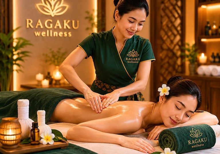 Professional massage therapist performing a relaxing oil back massage at Ragaku Wellness spa.