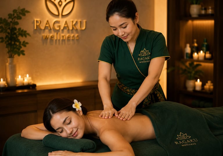 A smiling woman receives a relaxing back massage from a therapist at Ragaku Wellness luxury spa.