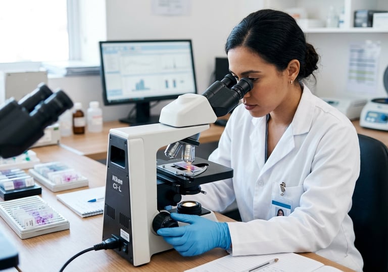 Especialista realizando estudio de Papanicolaou y citología cervical en clínica ginecológica.