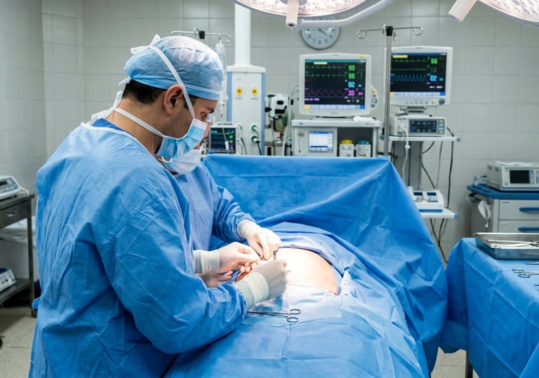 Equipo médico realizando una cirugía de cesárea programada en hospital de San Miguel de Allende.