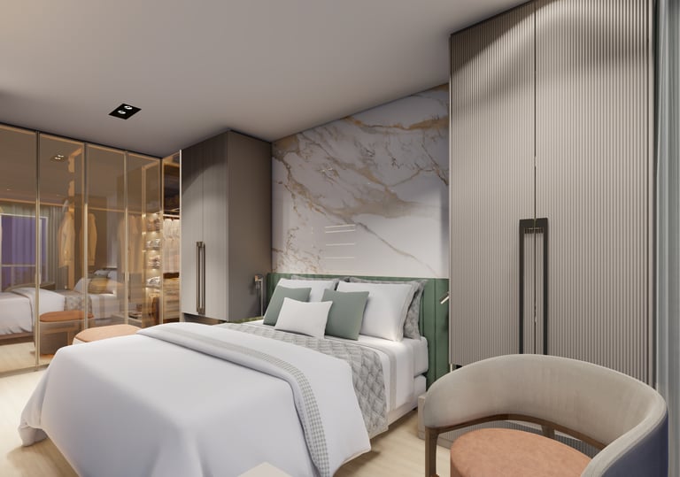 "Quarto de casal com iluminação indireta e tons neutros em apartamento pequeno SP