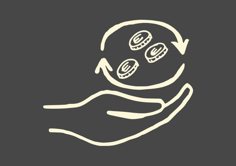 RADiologie Altenburg: Fördermitglied werden offene Hand mit Münzen und Pfeilkreis