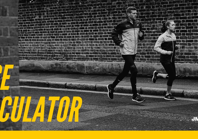 a photo of two runners with oversized text that read "Pace Calculator"