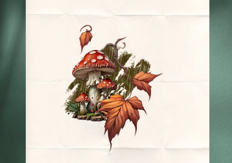 tattoo design of red mushrooms with autumn maple leaves. arm tattoo color realism