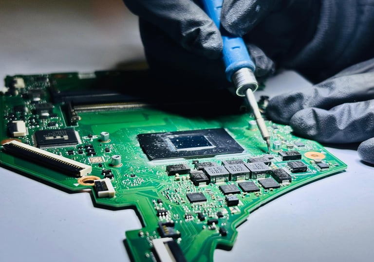 Un técnico con guantes negros utiliza una herramienta de precisión para reparar y soldar placas base