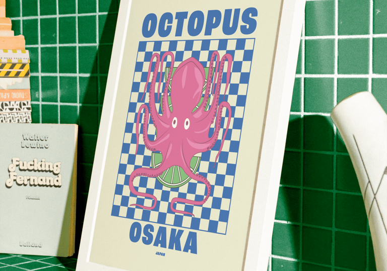 Poster Octopus Osaka Sur fond carreaux vert