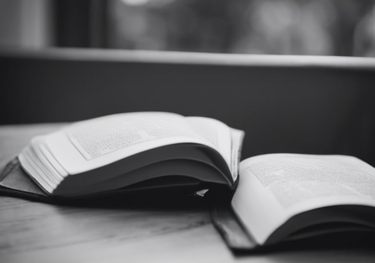 Black and white image of a book on a table