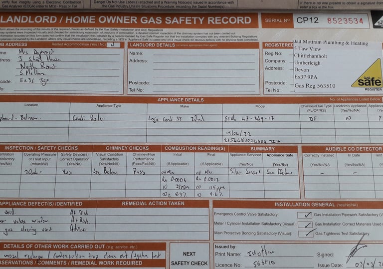 Gas safe safety certificate and paperwork EX18
