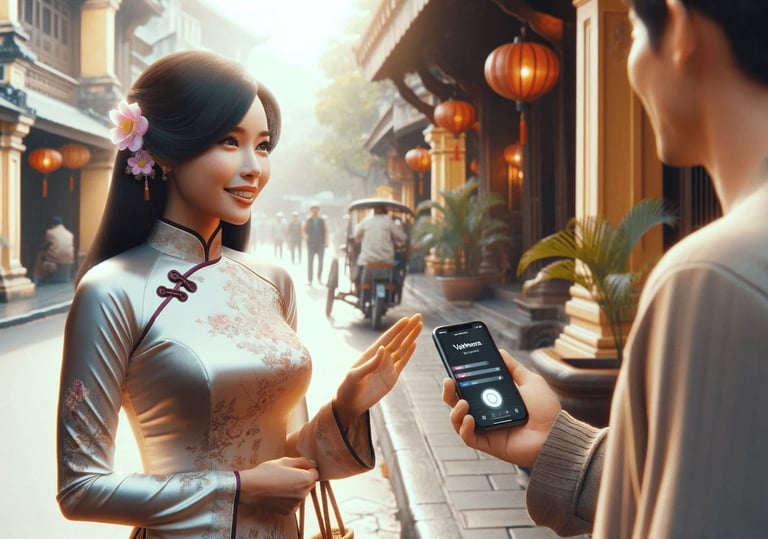 a traveler interacting with locals using an AI translation app