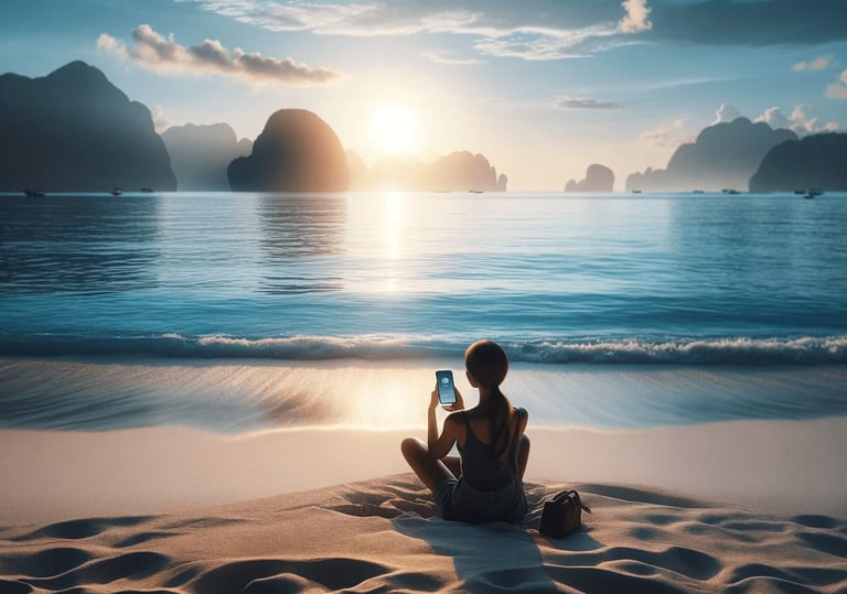 A serene landscape with a traveler using a AI wellness app on their smartphone