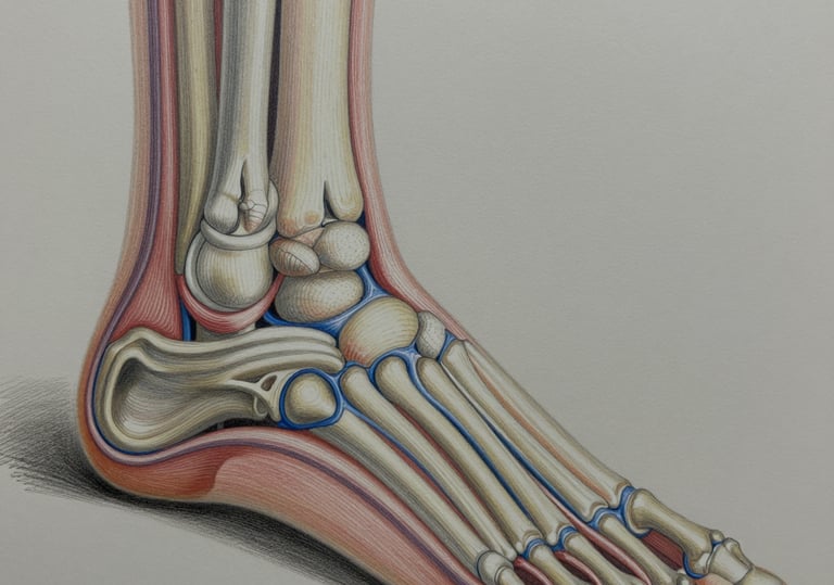 Illustration of the bones and joints that make up a human foot.