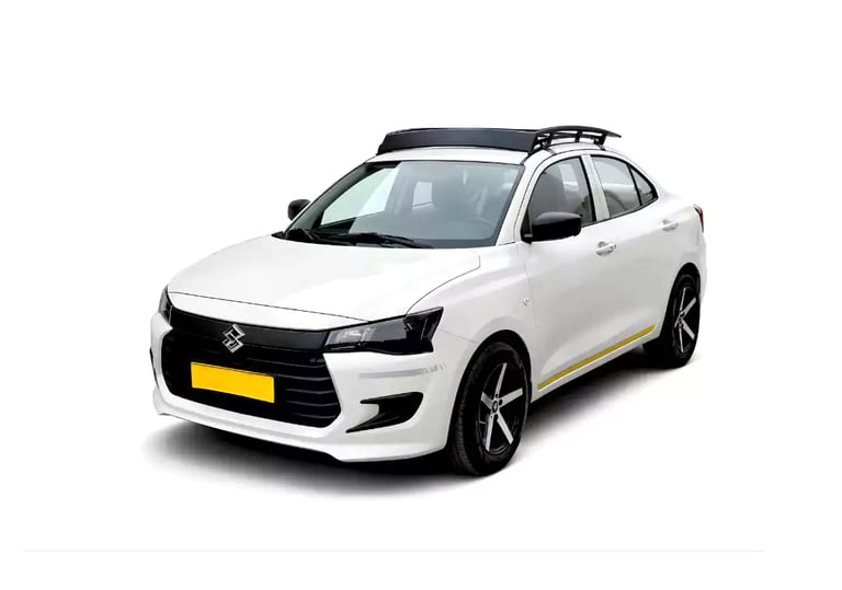 White Maruti Dzire one way taxi by Saini taxi services with a luggage carrier rack
