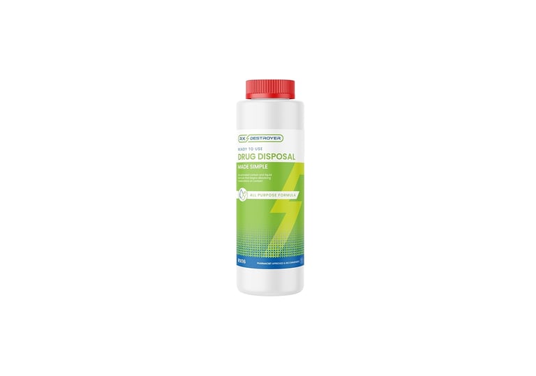 RX Destroyer drug disposal bottle for safe and eco-friendly medication neutralisation.