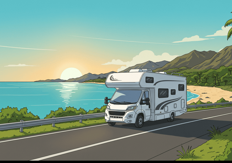 Illustration of RV riding down the coast with surge protectors, GPS, and internet for safe RV travel