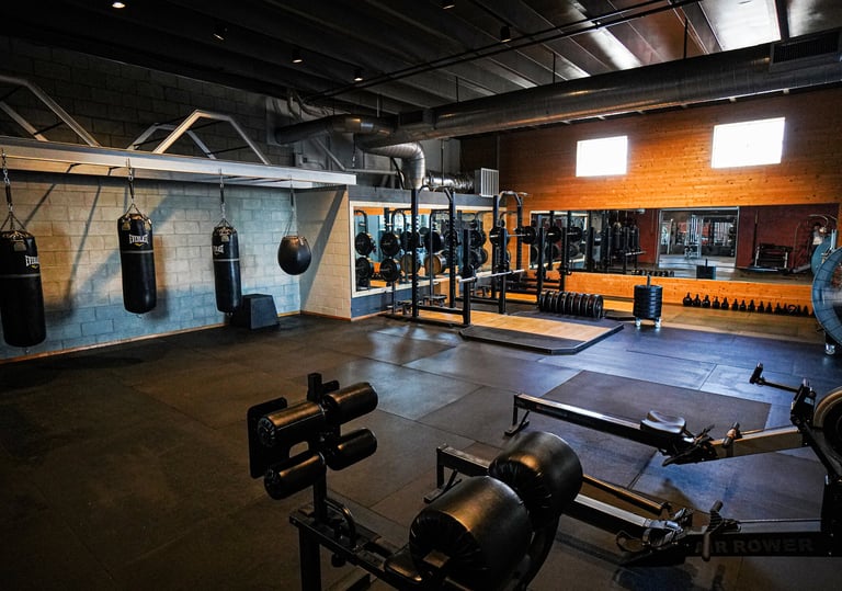 a gym with a lot of boxing equipment