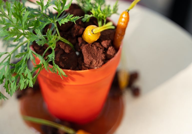 a dessert of a potted carrot cake plant that looks real by Paola Marocchi