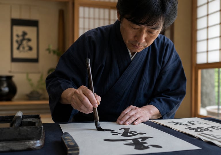 A Japanese calligrapher in traditional kimono practicing Shodo ink brush writing on paper.