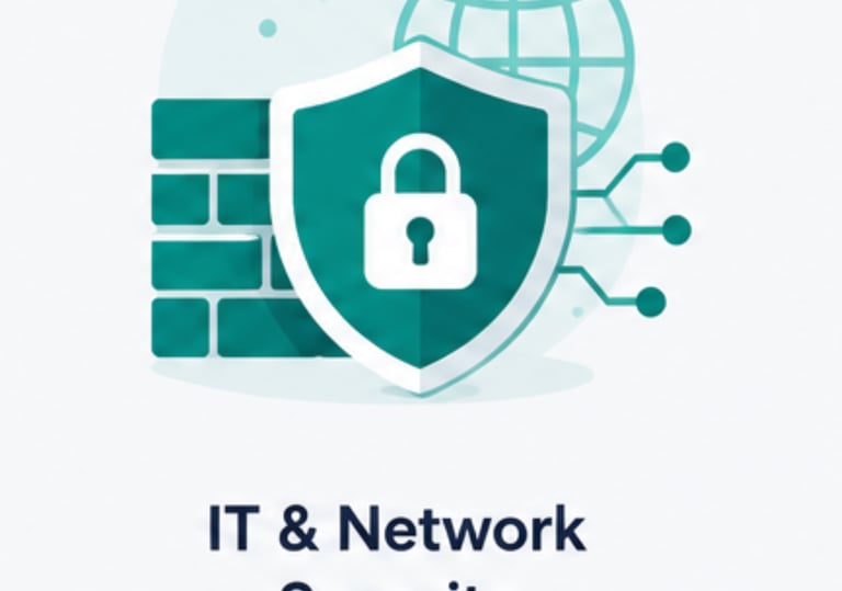 MI Info IT and network security illustration featuring a digital shield, padlock, and firewall icon.