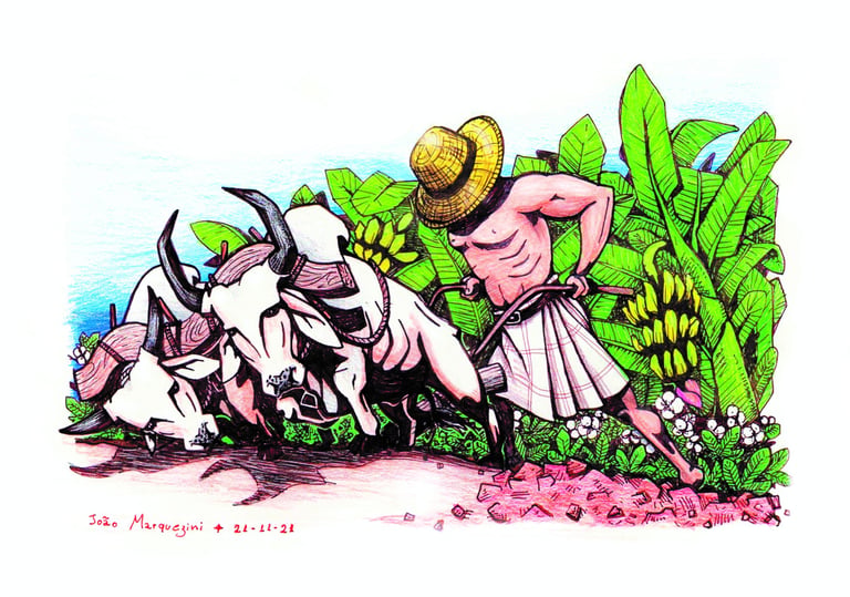 Obra representando um trabalhador com kilt earrando terra com parelha de nelores, de 2021 que está na Irlanda.