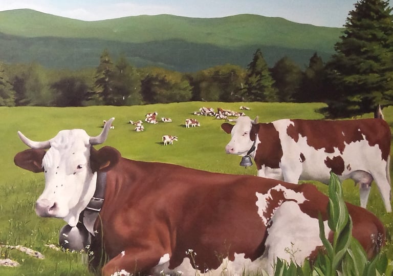 Détail d'une peinture murale: Un paysage jurassien avec des vaches qui paissent. Orgelet, Jura (39).