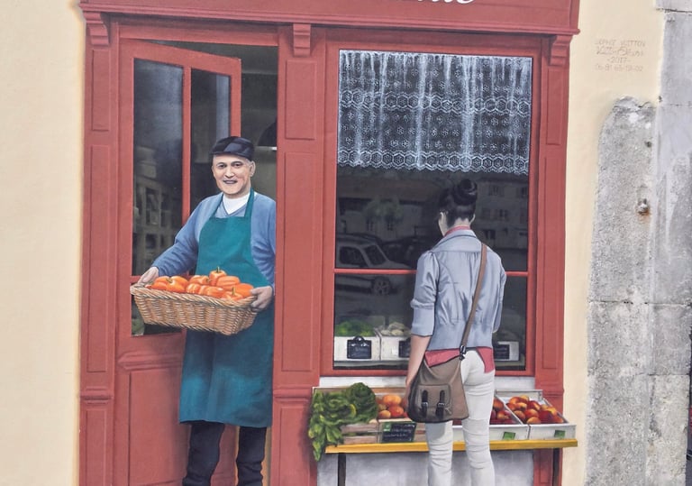 Enseigne peinte en trompe-l'oeil façon devanture vintage, Moirans-en-Montagne (39).