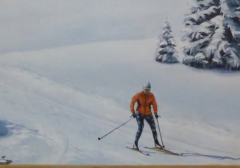 Détail d'une peinture décorative: un skieur (ski de fond) dans le Haut-Jura. Lajoux, Jura, 39.