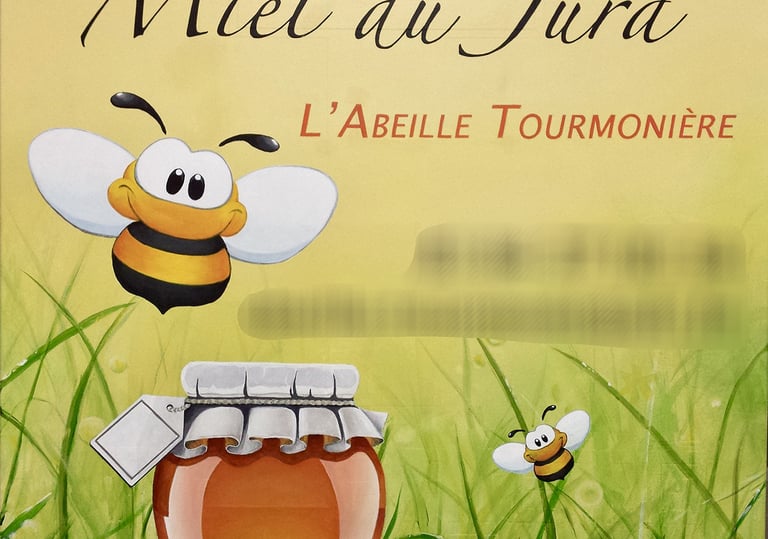 Panneau de publicité peint pour un apiculteur, Jura. abeilles, végétation, miel.