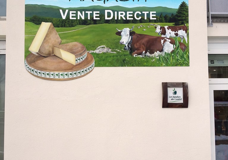 Enseigne peinte du magasin d'une fromagerie à Orgelet (39), Comté, vaches et paysage jurassien.