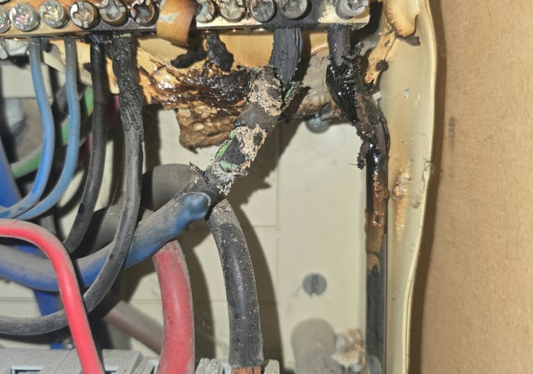 Electrical fault finding revealing overheated wiring and damaged connection inside a consumer unit