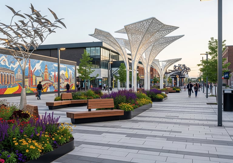 Mobility hub streetscape architecture integrating transit, cycling, and pedestrian public space in N